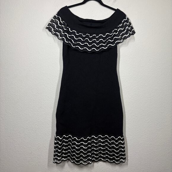 Lela Rose Size Medium Wave Lace Off The Shoulder Sweater Dress Black Wool - Picture 2 of 8